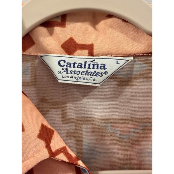 VTG 70s Disco Catalina Associates Aztec Print Button-Up Shirt L Peach Polyester - Picture 6 of 7